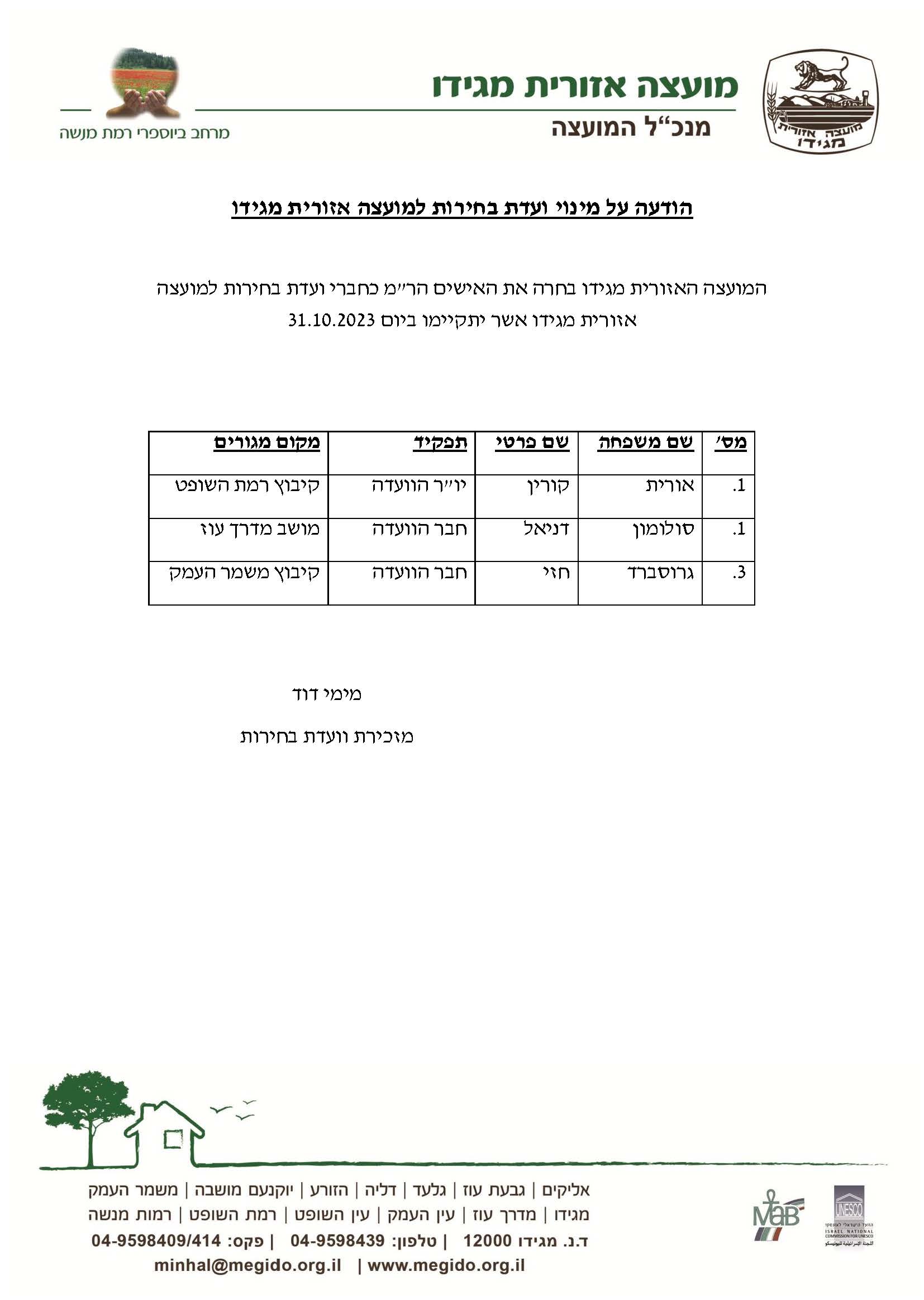 הודעה על מינוי ועדת בחירות