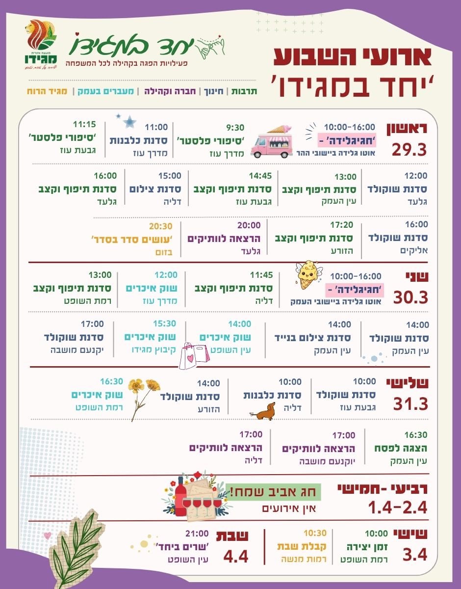 לוח אירועי השבוע של יחד במגידו שבוע שני